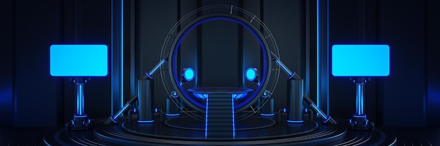 Uma sala escura com uma escada circular e um círculo azul com uma escada no meio.