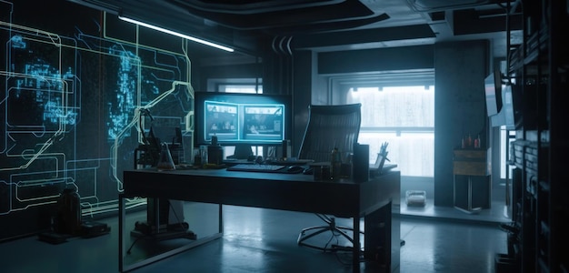 Uma sala escura com uma mesa de computador e um monitor que diz 'cyberpunk' nele