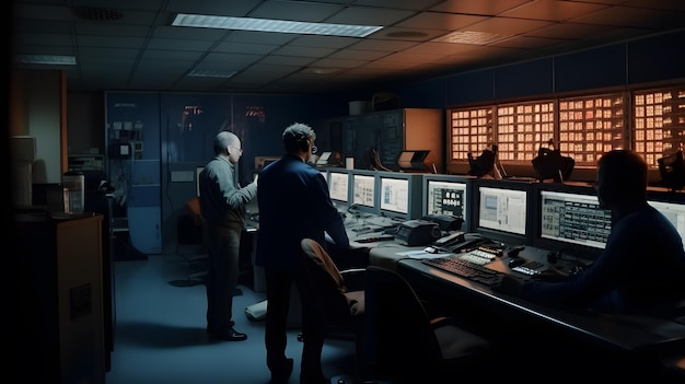 Uma sala escura com vários monitores à esquerda e um homem parado na frente deles.