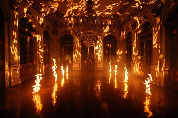 uma sala grande com um candelabro que tem fogo nele
