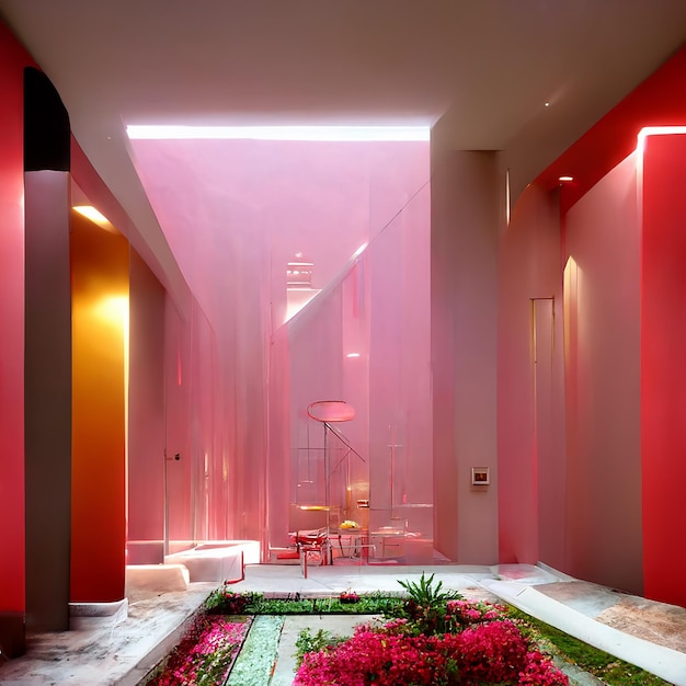 Uma sala grande com uma parede rosa e um jardim com plantas e uma cadeira rosa.