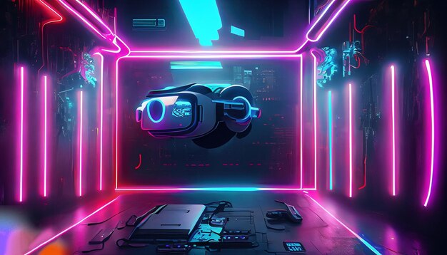 Uma sala iluminada por neon com um fone de ouvido de realidade virtual e uma caixa rosa e roxa.