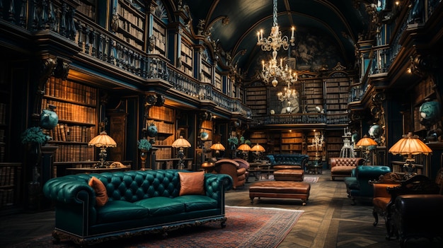 Foto uma sala longa decorada com muitos livros e estantes