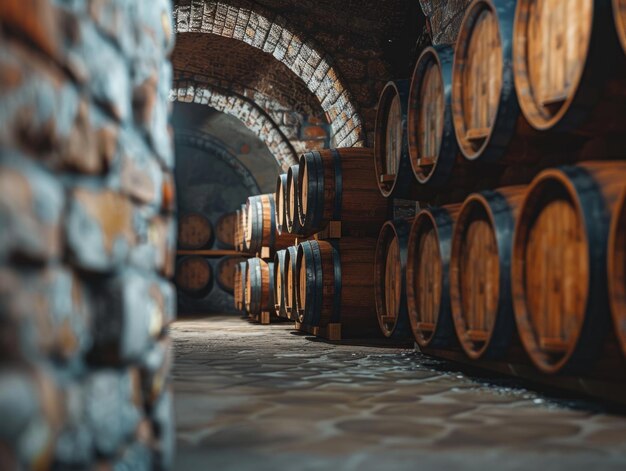 Uma sala longa e estreita com muitos barris de vinho os barris estão empilhados em fileiras e são feitos de madeira a sala é mal iluminada dando-lhe uma atmosfera misteriosa e quase assustadora