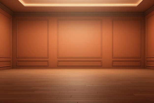 uma sala mal iluminada com piso de madeira e uma parede geradora de IA