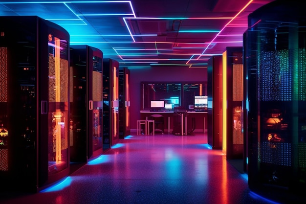 uma sala mal iluminada com uma mesa de computador e uma fileira de servidores generativos ai