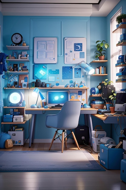 Uma sala moderna para freelancers repleta de gadgets tecnológicos de última geração, iluminada por uma suave luz azul