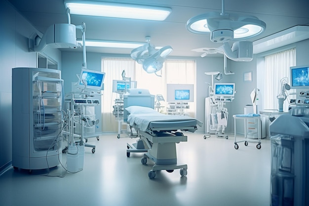 Uma sala mostrando equipamentos médicos em uma sala de cirurgia de hospital iluminada com Generative AI