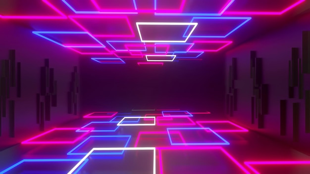 Foto uma sala neon com piso preto e luzes neon brancas e azuis.