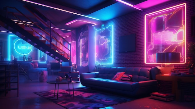 Uma sala neon com um sofá e uma mesa com uma placa que diz 'neon'