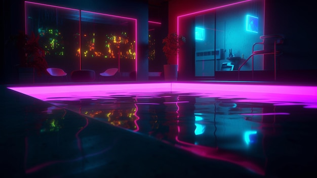 Uma sala neon com uma piscina no meio.