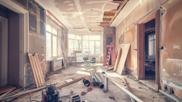 Foto uma sala no meio de uma remodelação completa cheia de materiais de construção, ferramentas e trabalhadores