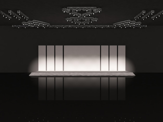 Uma sala preta com luzes no teto e um palco branco com um palco branco no meio.