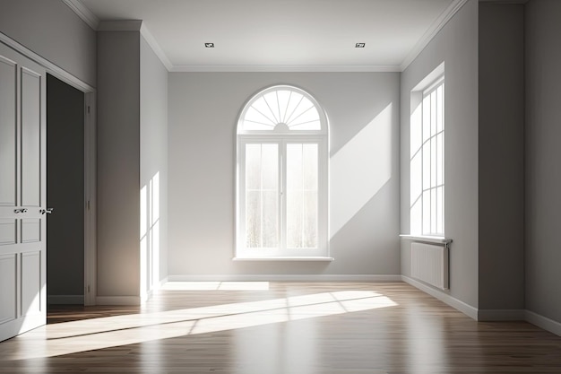 Uma sala que está vazia tem um piso de parquet brilhante paredes cinzas uma grande janela de parede inteira com o sol