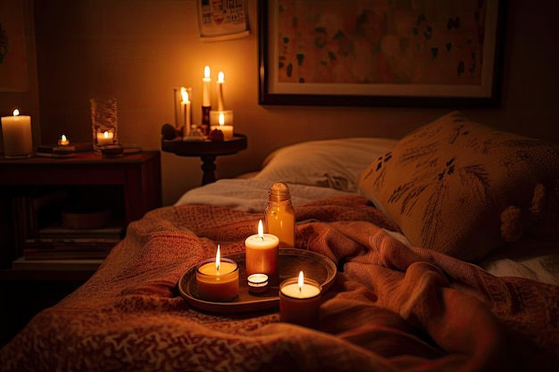 Uma sala quente e aconchegante com aroma de velas aromáticas e iluminação