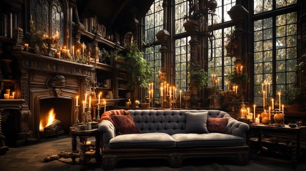 Uma sala repleta de móveis e velas acesas com bela vista da natureza