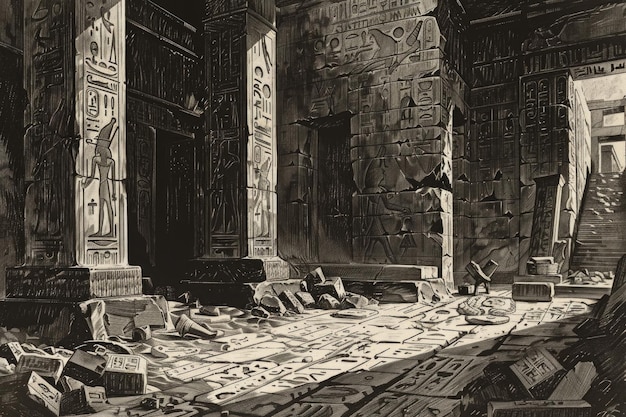 Uma sala retratada com intrincados hieróglifos egípcios cobrindo o chão mostrando uma fusão de história e arte