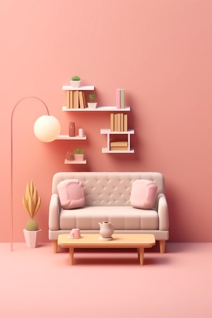 Uma sala rosa com um sofá e uma mesa de centro
