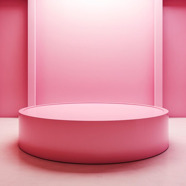 Uma sala rosa com uma mesa redonda e uma mesa redunda com um objeto redondo sobre ela