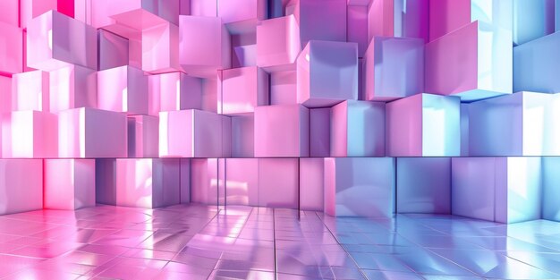 Uma sala rosa e azul com fundos de cubos cor-de-rosa e azuis