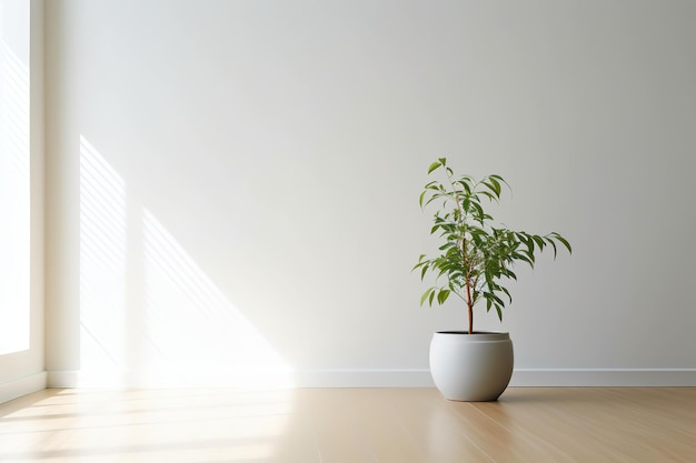 Uma sala vazia branca com um vaso de plantas no chão e uma parede branca
