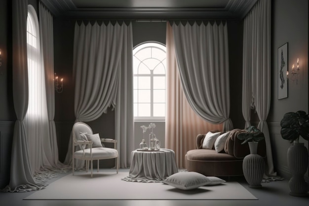uma sala vazia com cortinas brancas e cortinas iluminadas no estilo de um motor irreal