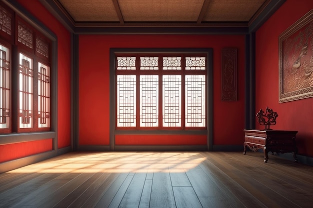 Uma sala vazia com paredes vermelhas e piso de madeira