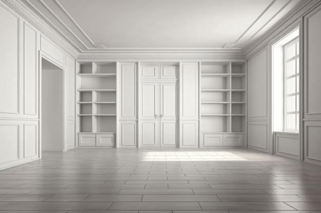 Uma sala vazia com uma estante clássica e piso de ladrilho elegante