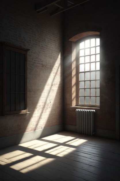 uma sala vazia com uma grande janela e parede de tijolos no estilo de representação realista da luz