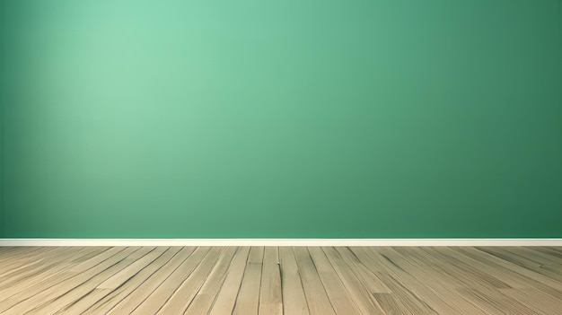 Uma sala vazia com uma parede verde e piso de madeira