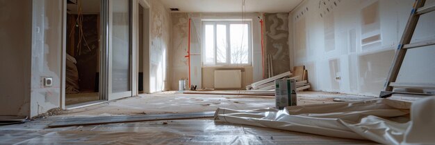 Uma sala velha está sendo revitalizada e transformada através de um processo de remodelação Ferramentas pintura e mobiliário