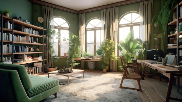 Uma sala verde com um sofá, uma mesa e uma estante com plantas.