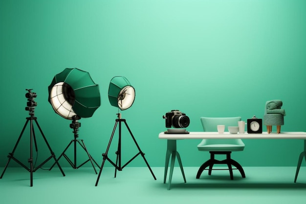 uma sala verde com uma cadeira de mesa, câmera e luzes