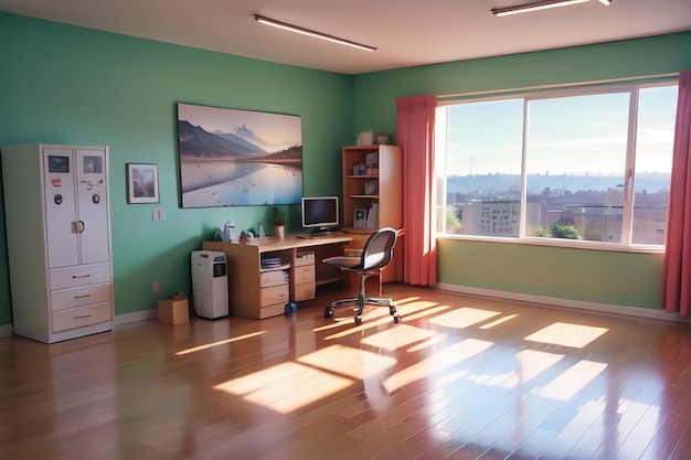 Uma sala verde com uma mesa de computador e uma janela que diz "casa".