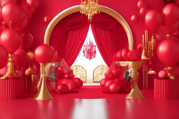 uma sala vermelha com fundo vermelho e um lustre vermelho com decorações vermelhas.