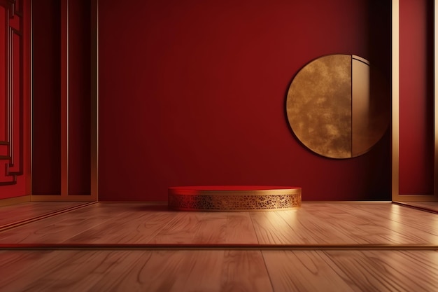 Uma sala vermelha com um objeto redondo dourado na parede