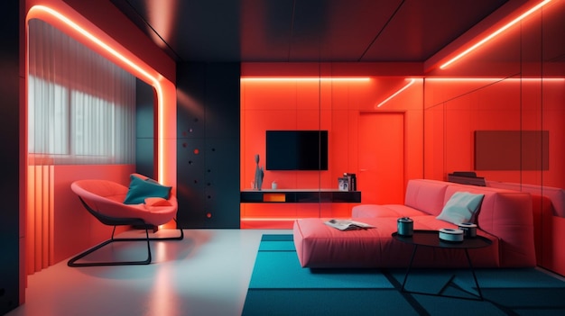 Uma sala vermelha com um sofá e uma tv na parede