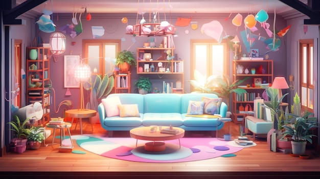 Uma sala vibrante e colorida em uma foto gerada por IA de interiores