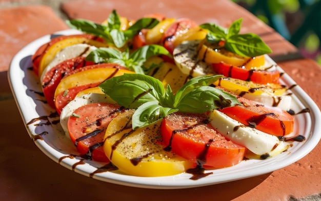 Uma salada Caprese vibrante com fatias alternadas de tomate e mozzarella adornadas com manjericão fresco e esmaltes balsâmicos