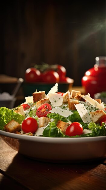 Foto uma salada césar é uma salada verde de alface romana e croutons vestidos com suco de limão