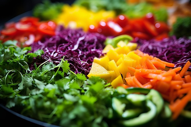 Uma salada colorida com cilantro repolho vermelho pimentas amarelas cenouras e pepinos