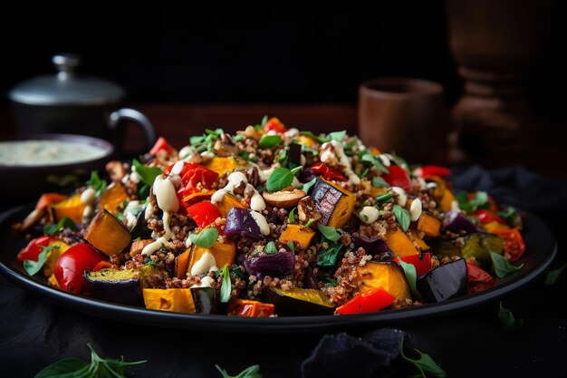 Uma salada colorida e rica em proteínas com quinoa assada