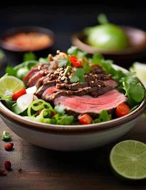 uma salada com carne, vegetais e limão