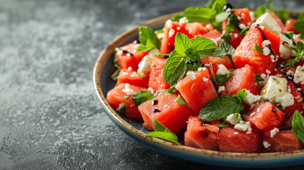 Uma salada criativa de melancia e feta com folhas de hortelã e uma redução balsâmica