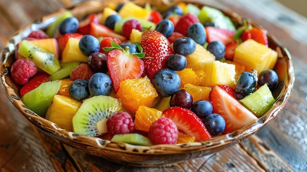 Uma salada de frutas colorida organizada em uma tigela decorativa que mostra uma variedade de frutas frescas maduras cheias de sabores vibrantes