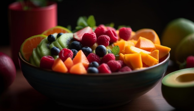 Uma salada de frutas gourmet com uma variação de frutas frescas geradas por IA