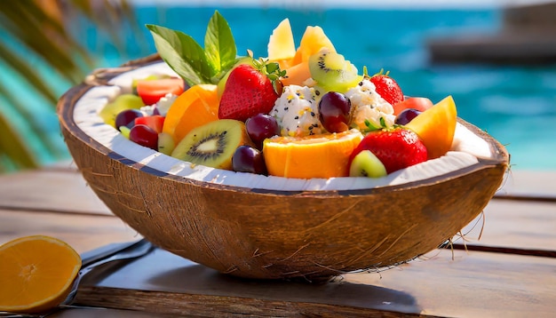 Foto uma salada de frutas tropicais servida em um barco de casca de coco em um resort tropical