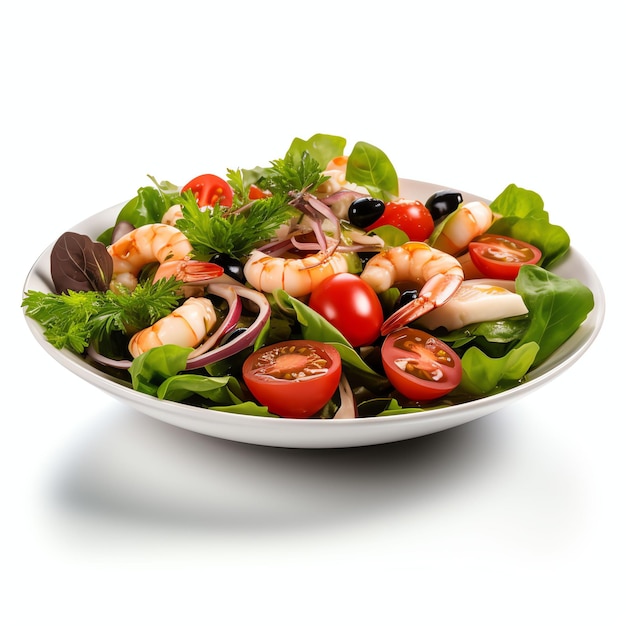 uma salada de resh e verde com frutos do mar camarão lulas mexilhões vieiras tomates cereja