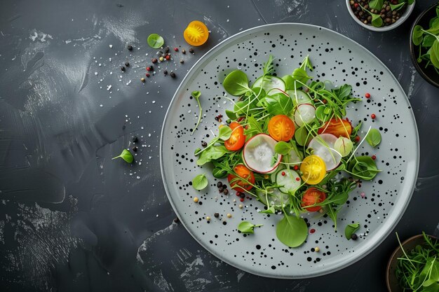 Uma salada de tomate gourmet elegantemente apresentada em um prato de cerâmica manchada AI Gerado