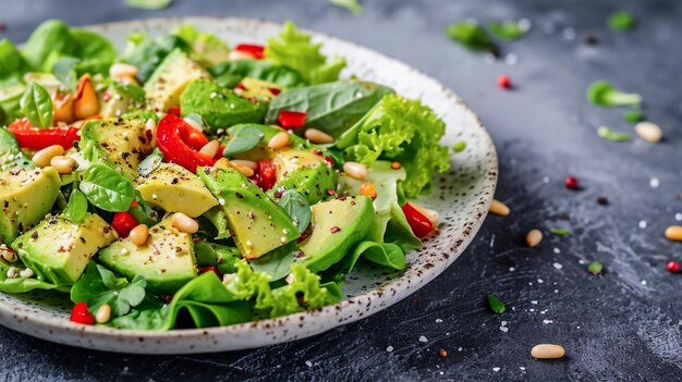 Foto uma salada deliciosa e saudável de tomates cereja, abacate e folhas de alface de rúcula